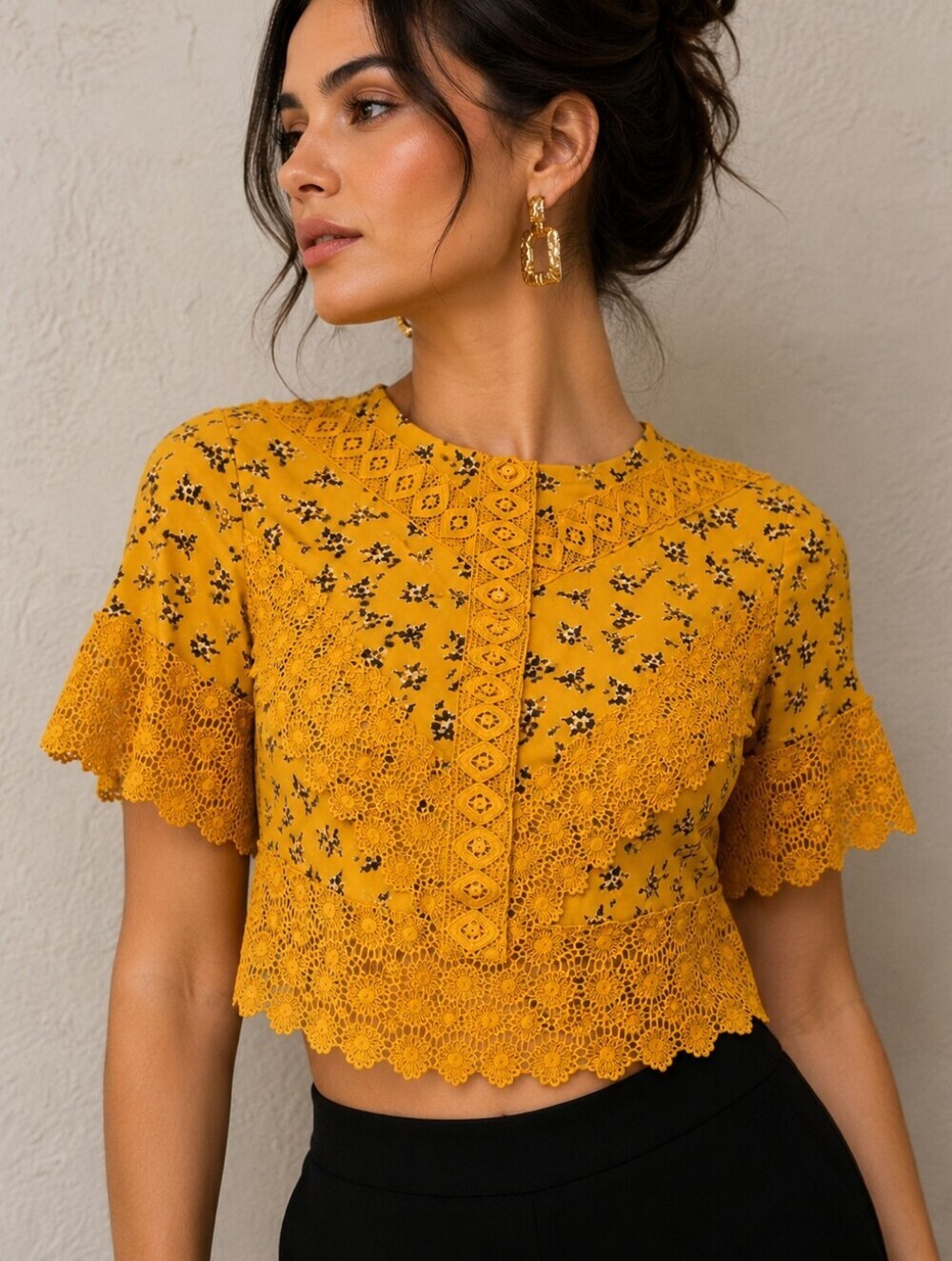 THREAD MARKET Floral Crochet Lace Canary Yellow Festival Crop Top